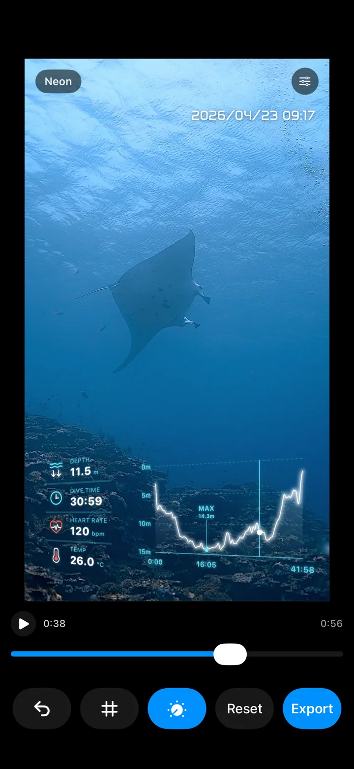 DepthRender Neon overlay showing a manta ray dive